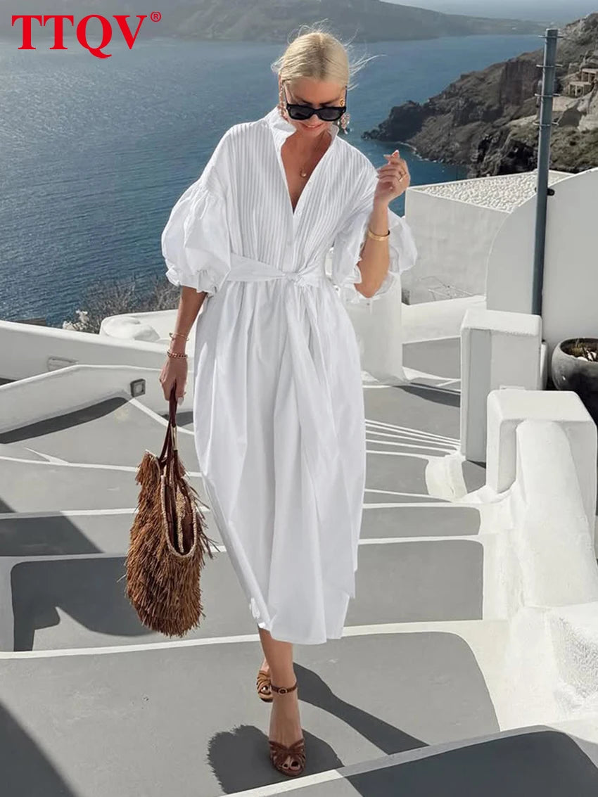 TTQV Fashion Loose White Cotton Women's Dress Casual Stand Collar Half Sleeve Midi Dresses Elegant Classic Lace-Up Female Dress