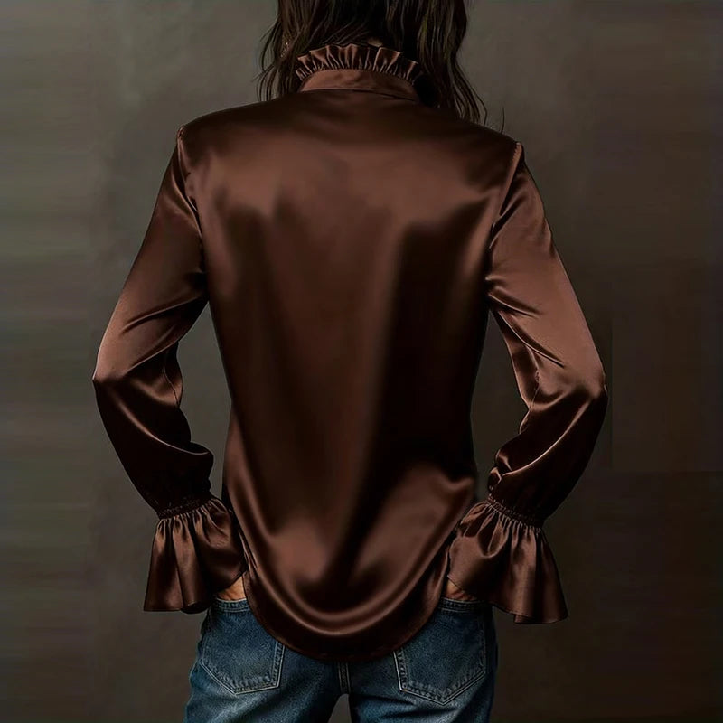 Fashion Women Long Sleeve Silk Shirt Black Turn Down Collar Button Blouse Women Office Tops Mesh See Through Sleeve Satin Shirt