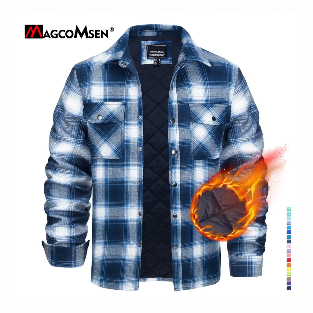 MAGCOMSEN Flannel Shirt with Quilted Lined Jacket Mens Long Sleeve Plaid Shirt Coat Button Down Outerwear Winter Male