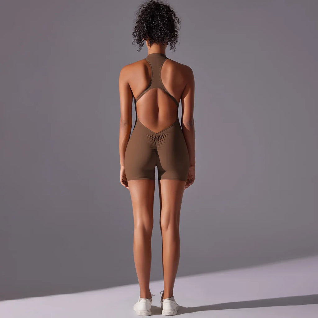 Women's High Neck Zip-Up Yoga Bodysuit, Sleeveless Hollow Back Scrunch Butt Lifting Romper, Buttery Soft Workout Activewear