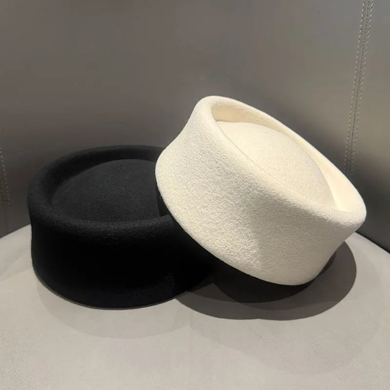 Women Berets Hat Fashion Fall Winter Vintage Concave Top Pillbox Cap 100% Wool Fedoras Hats Wedding Designer Western Church Hat