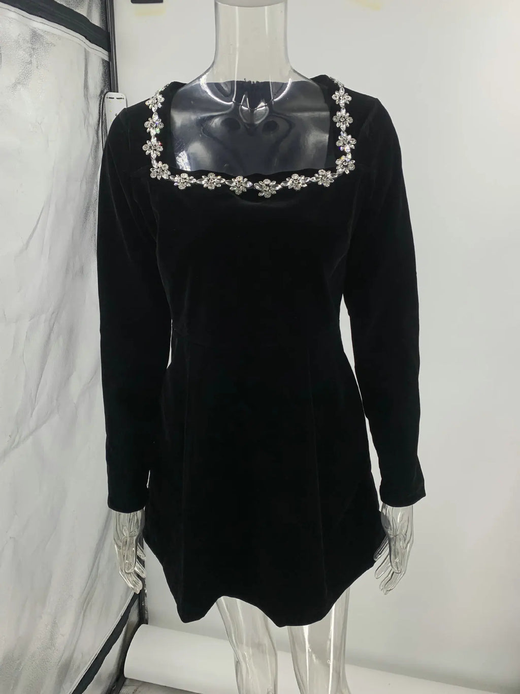 European and American Temperament Square Collar Diamond Setting Velvet Dress, Women's Spring Solid Color Long Sleeve Short Dress