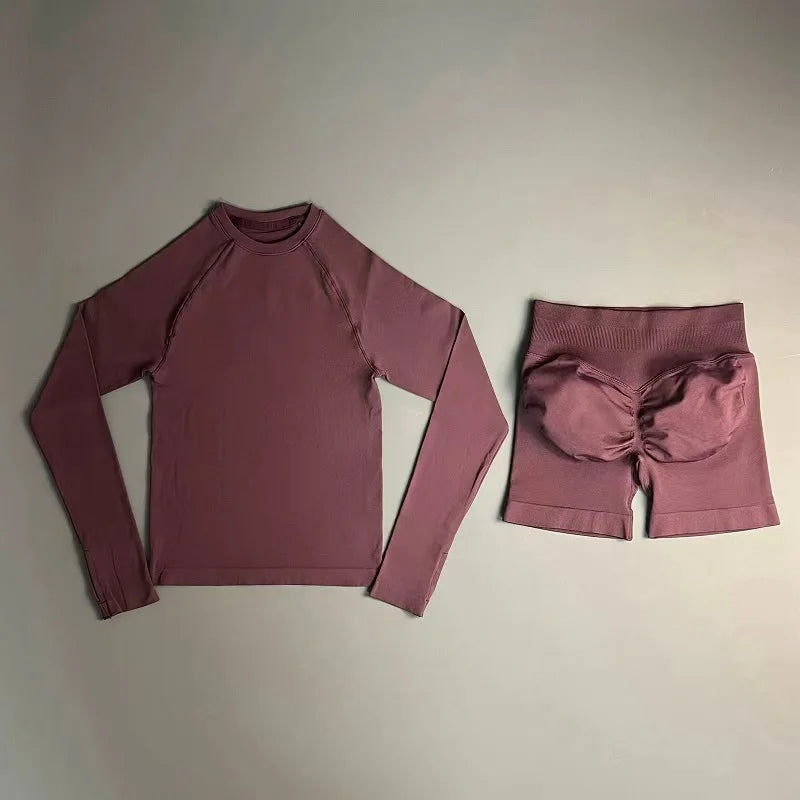 2 Piece Fitness Outfit Women Raglan Long Sleeve Crew Neck Top Hip Shaping Scrunch Shorts Stretch Soft Dance Gym Workout Set