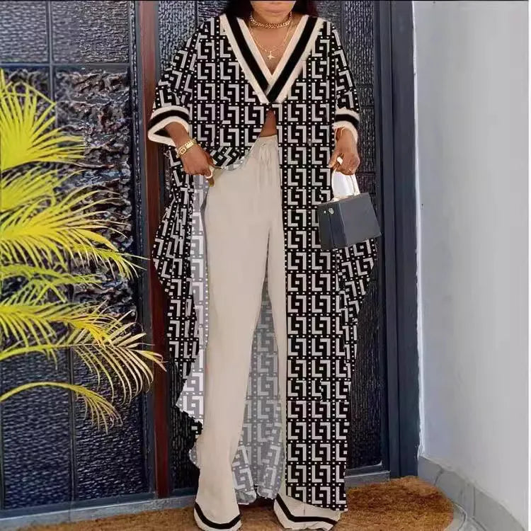 2 Piece Sets Women Print Suit Top Long Robe Wide Leg Pants Outfits Elastic Waist Lace Up Button V Neck Ensemble 2025 Office Lady
