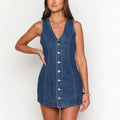 Women's Retro Spicy Girl Design Sleeveless Denim Dress Spring Summer Washed Denim Short Skirt High Waist V-neck Dress for Women