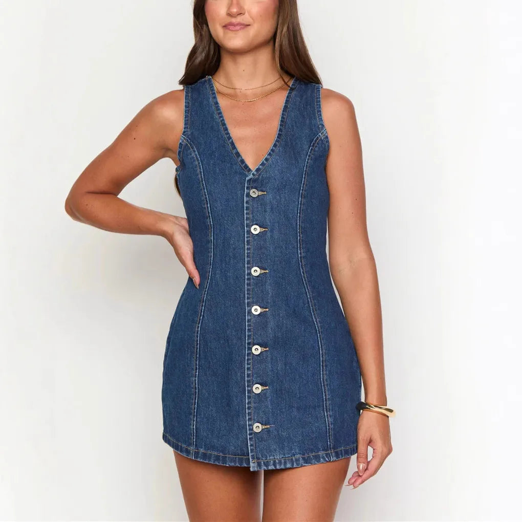 Women's Retro Spicy Girl Design Sleeveless Denim Dress Spring Summer Washed Denim Short Skirt High Waist V-neck Dress for Women