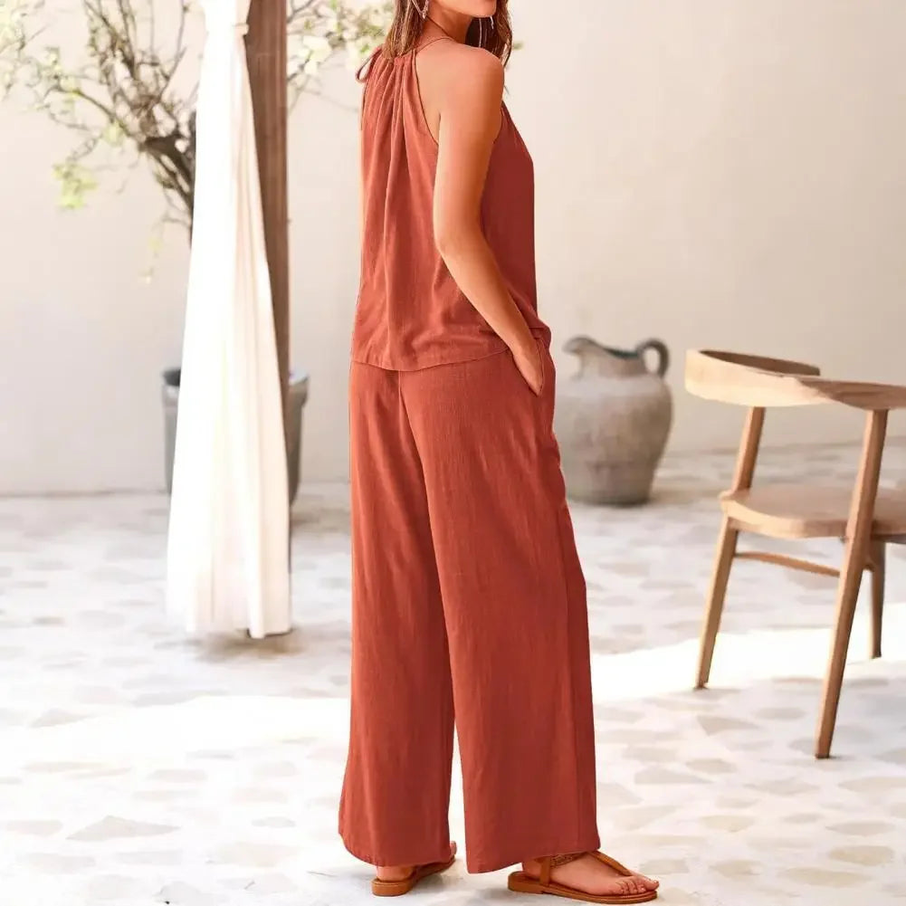 Summer Fashion Retro 2 Piece Set for Women Casual Solid Color Sleeveless Off Shoulder V Neck Top Straight Wide Leg Pants Suits
