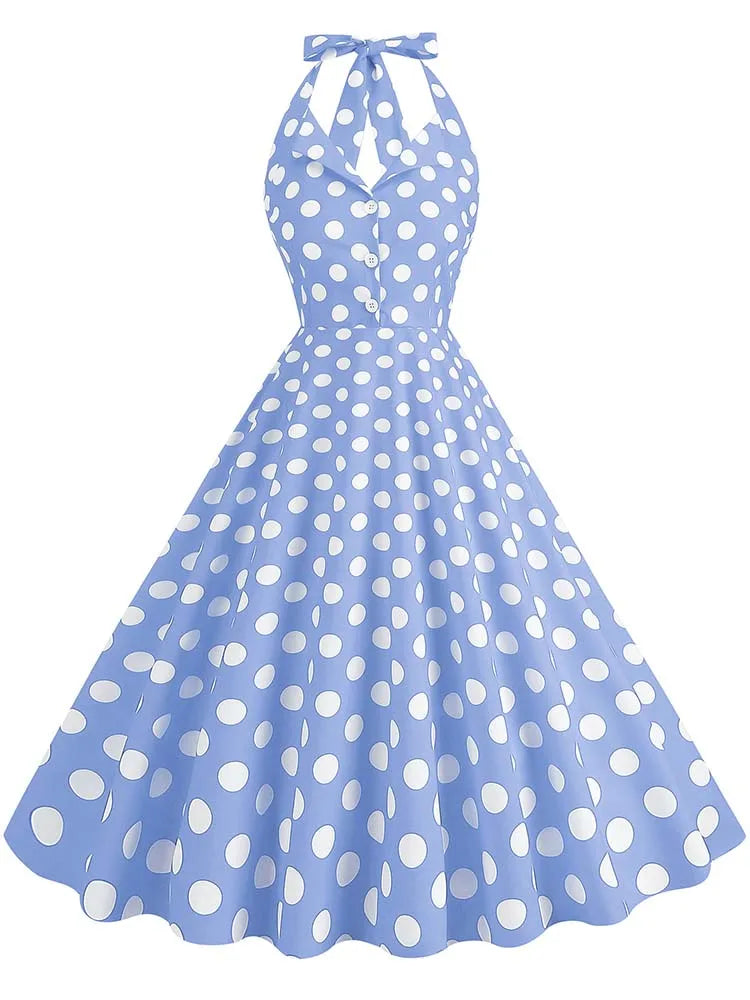 Sexy Retro Polka Dot Halter Dress Women Audrey Hepburn 50s 60s Vintage Gothic Pin Up Rockabilly Clothing