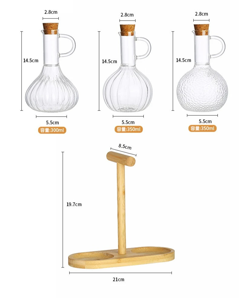Household 300-350ml Heat-resistant Glass Oil Pot with Wooden Stand, Liquid Seasoning Bottle, Striped Sauce and Vinegar Oil Pot