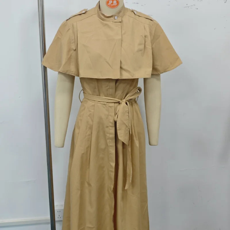 Women's Trench Style Midi Dress Stand Collar Cape Overlay Short Sleeve Belted Waist A‑Line Dresses Autumn Elegant Office Outfits