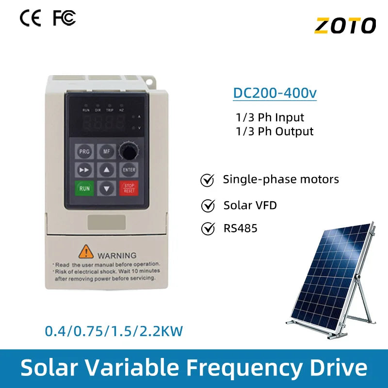 Solar VFD 220V 0.4/0.75/1.5/2.2KW 3 Phase Motor Speed Controller DC200-400V Input Variable Frequency Drive Converter Inverter