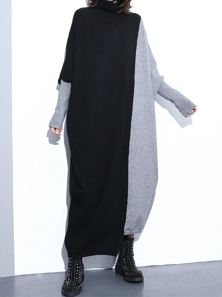 [EAM] Women Coffee Color-block Big Size Long Sweater Dress New Turtleneck Long Sleeve Fashion Tide Spring Autumn 2026 1DJ2393