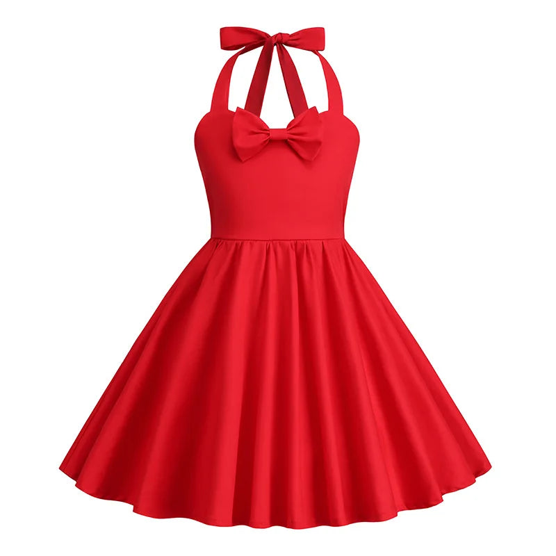 Kids Girls Vintage Halterneck Dress Polka Dots Cherry Strawberry Daily Birthday Party 1950s Swing Dress Summer Princess Dress