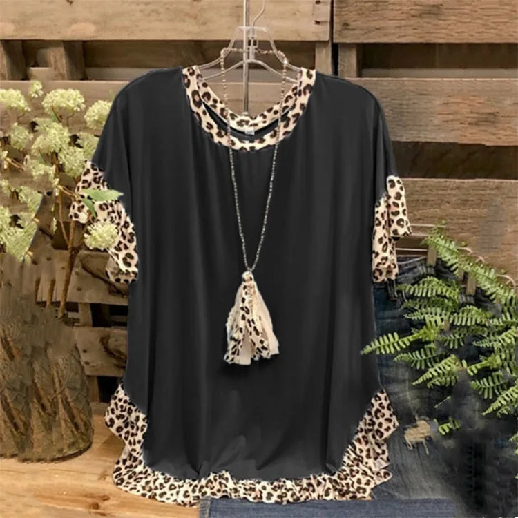 2026 New Women's Clothing, Leopard Print Splicing Short-sleeved Round Neck Loose Medium and Long Top T-shirt Women's Cw65684