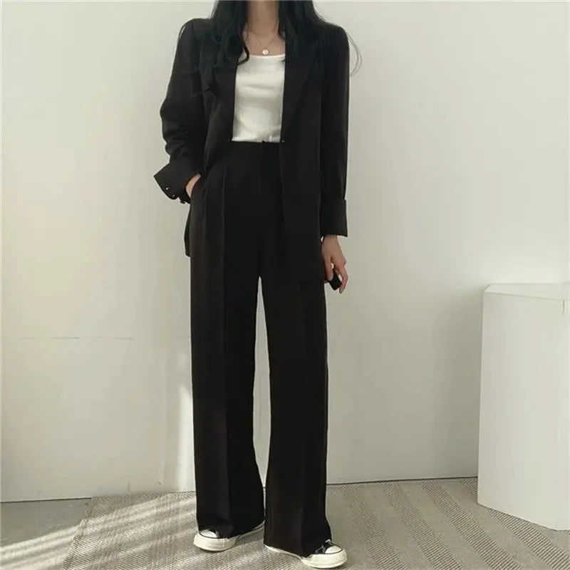 2026 Female Solid Color Blazer 2PCS Autumn Women Lapel Tops High Waist Outfit Korean Ladies Long Sleeves Suit Wide Leg Pants