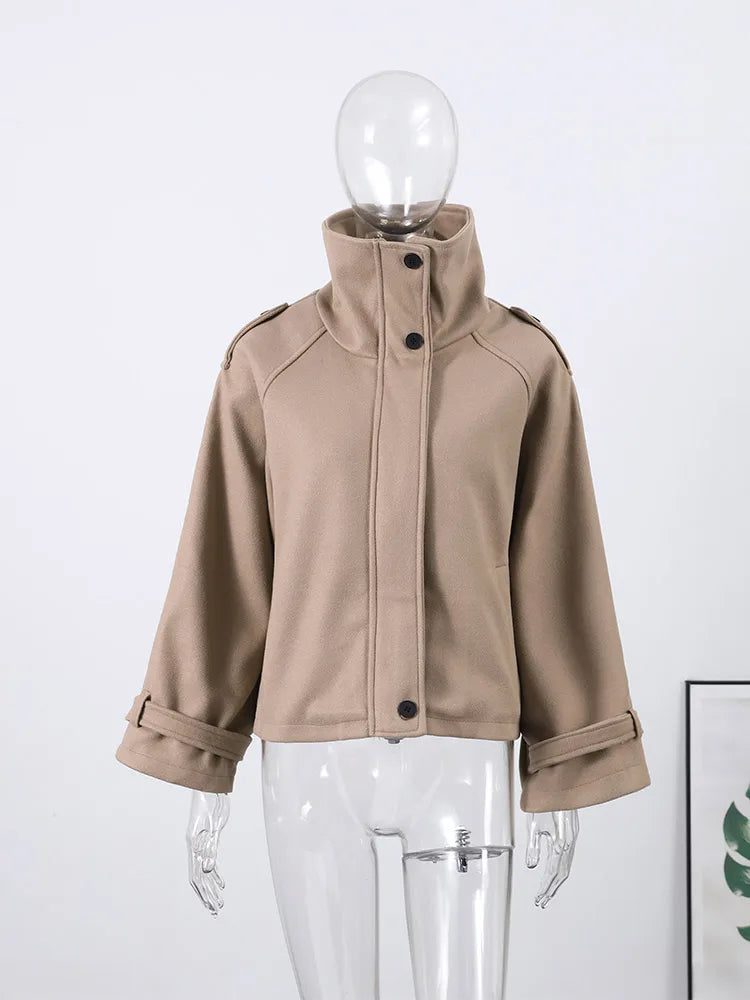 Collarless Belt Jacket Coat Lace-up Minimalism Beige Gentle Short Woolen Overcoat Waist Cinching Women Autumn Winter Overcoat