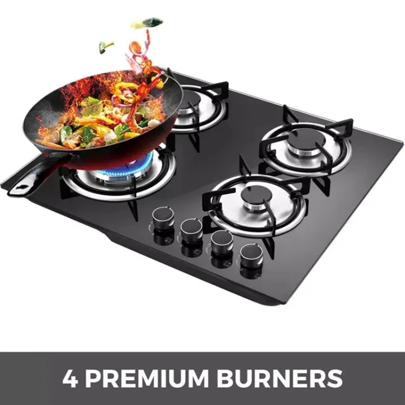 Top Cooktop 4 Burner Gas Stove Built in Tempered Glass Black Surface 4 Burner Cooker Gas Stove