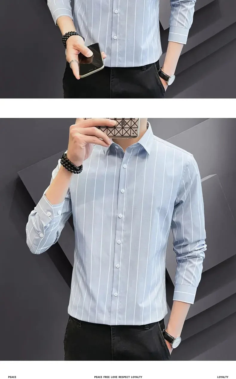 Stylish Men's Striped Shirt Printed Casual Business Dress Shirts Long Sleeve All-Match Slim Fit Fashion Korean Streetwear Shirts