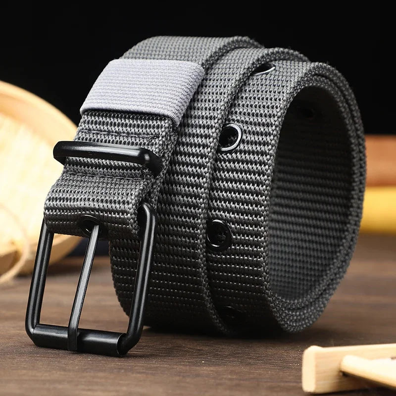 Men's Belt Porous Canvas Pin Buckle Leather Belt Outdoor Sports Belt Women's Trendy Eyelet Belt with Jeans Belt for Men Women