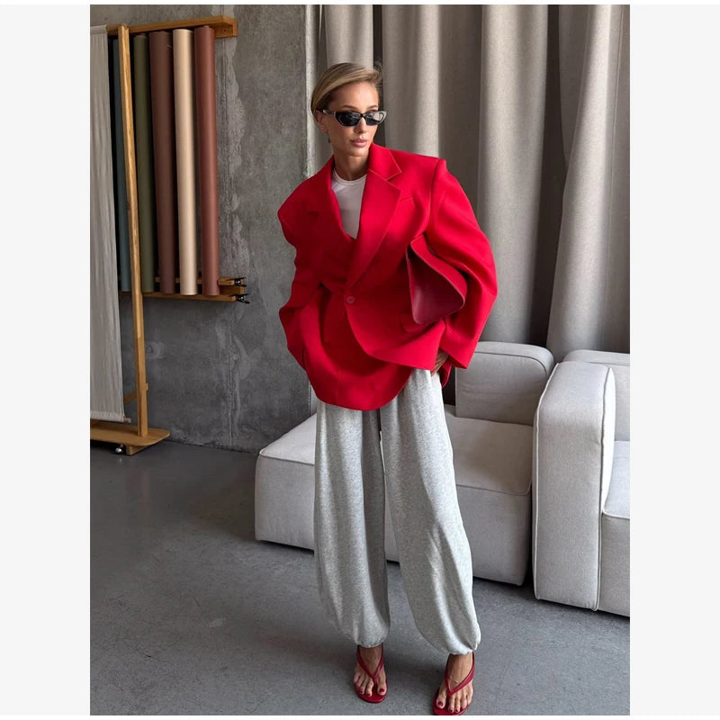 Women Red Fashion Blazer Jacket Lapel Collar Single Button Long Sleeve Loose Casual Coats Oversized Autumn Winter Street Outwear