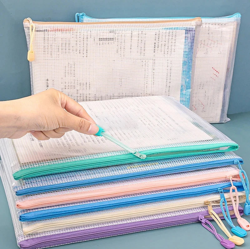 10Pcs Mesh Zipper Pouch Document Bag Waterproof Zip File Folders A4 A5 Size Office School Supplies Storage