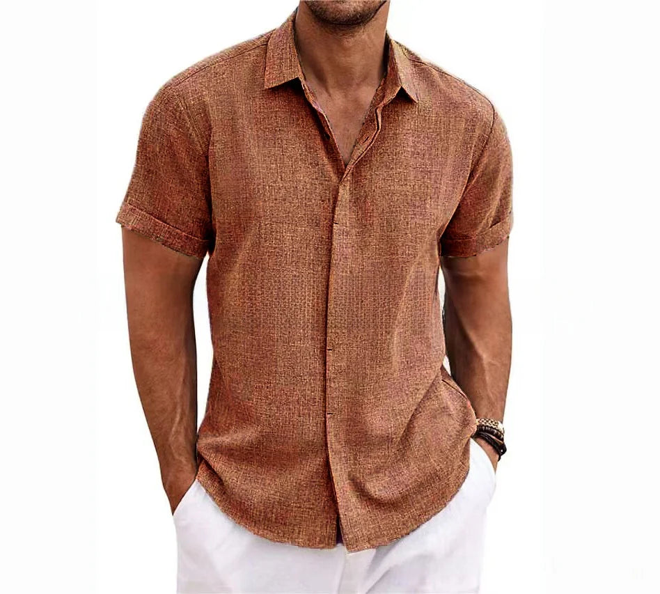 Men's Casual Beach Lightweight Linen Sve Shirt Color Standard Fit Short Sleeve Cleanfit PU Leather Inner Wear Pure Color
