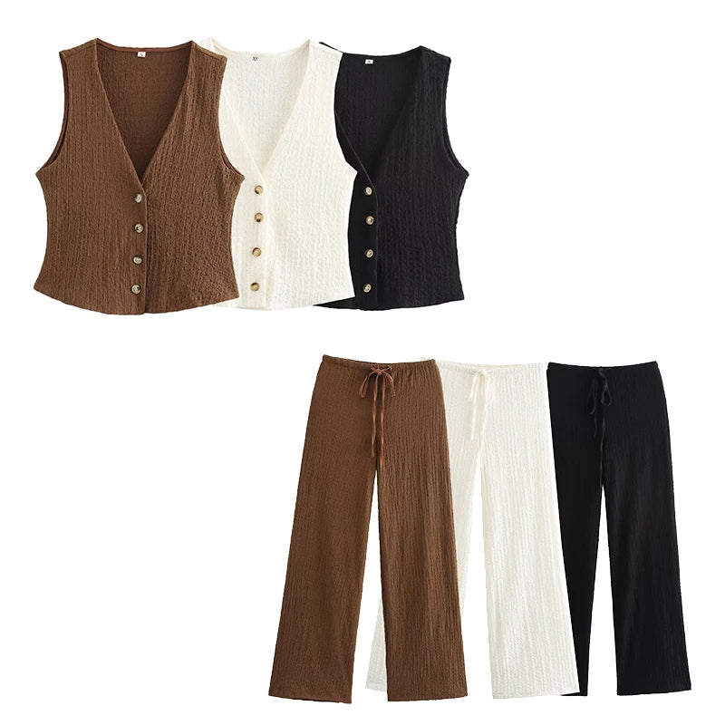 Willshela Women Fashion 2 Piece Set Solid Single Breasted Tank Tops & Vintage HIgh Elastic Waist Pants Female Chic Pants Suit
