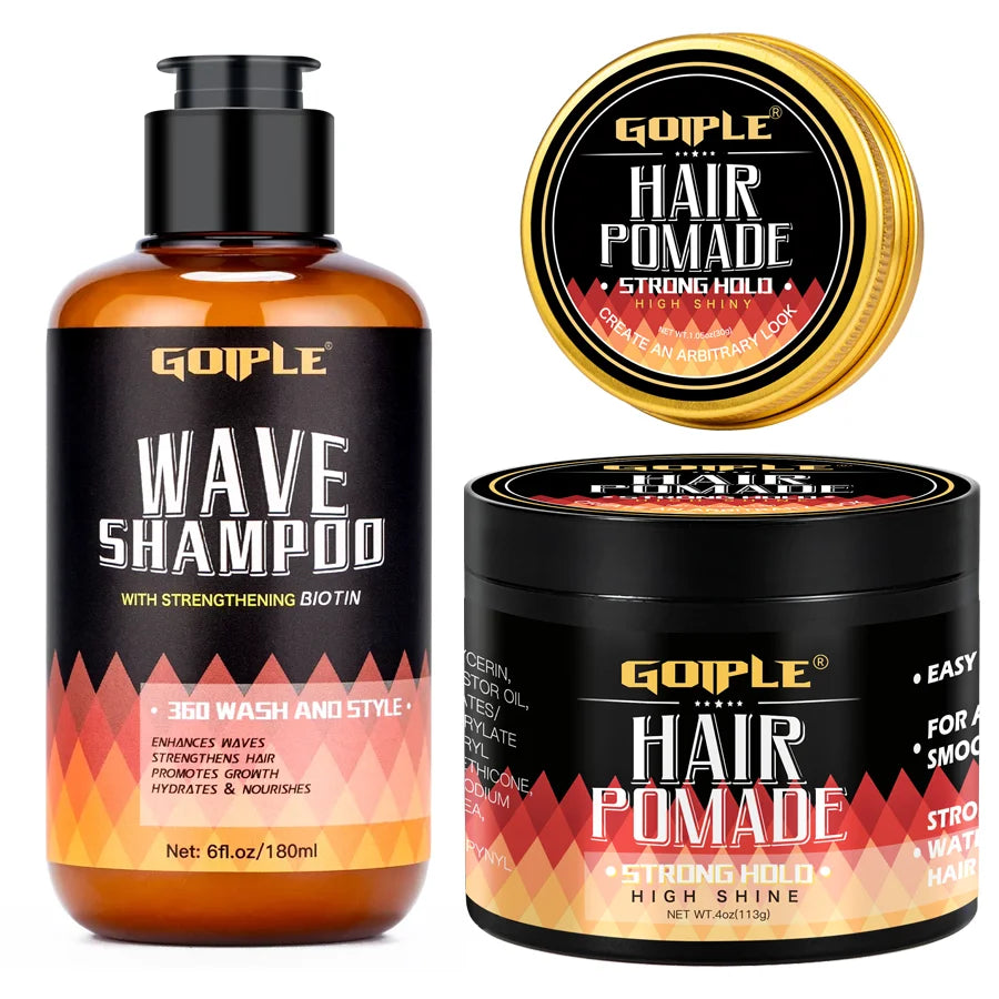 GOIPLE 180ml Wave Shampoo Deep Clean or 113g 360 Style High Shine Hair Pomade Strong Hold Layered Control Wavy Wax Cream for Men
