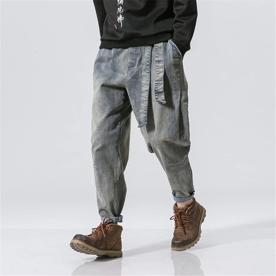 Vintage Denim Pants Men Streetwear Harajuku Jeans Belt Design Fashion Solid Color Jeans Elastic Waist Trousers Mens Clothes