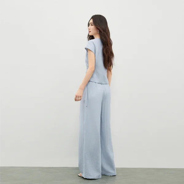 SENTUBILA Women's Office Set 2026 Summer New Blue Button Shirred Drawstring Slim Top Straight Pant 2 Piece Sets 162ZK6231