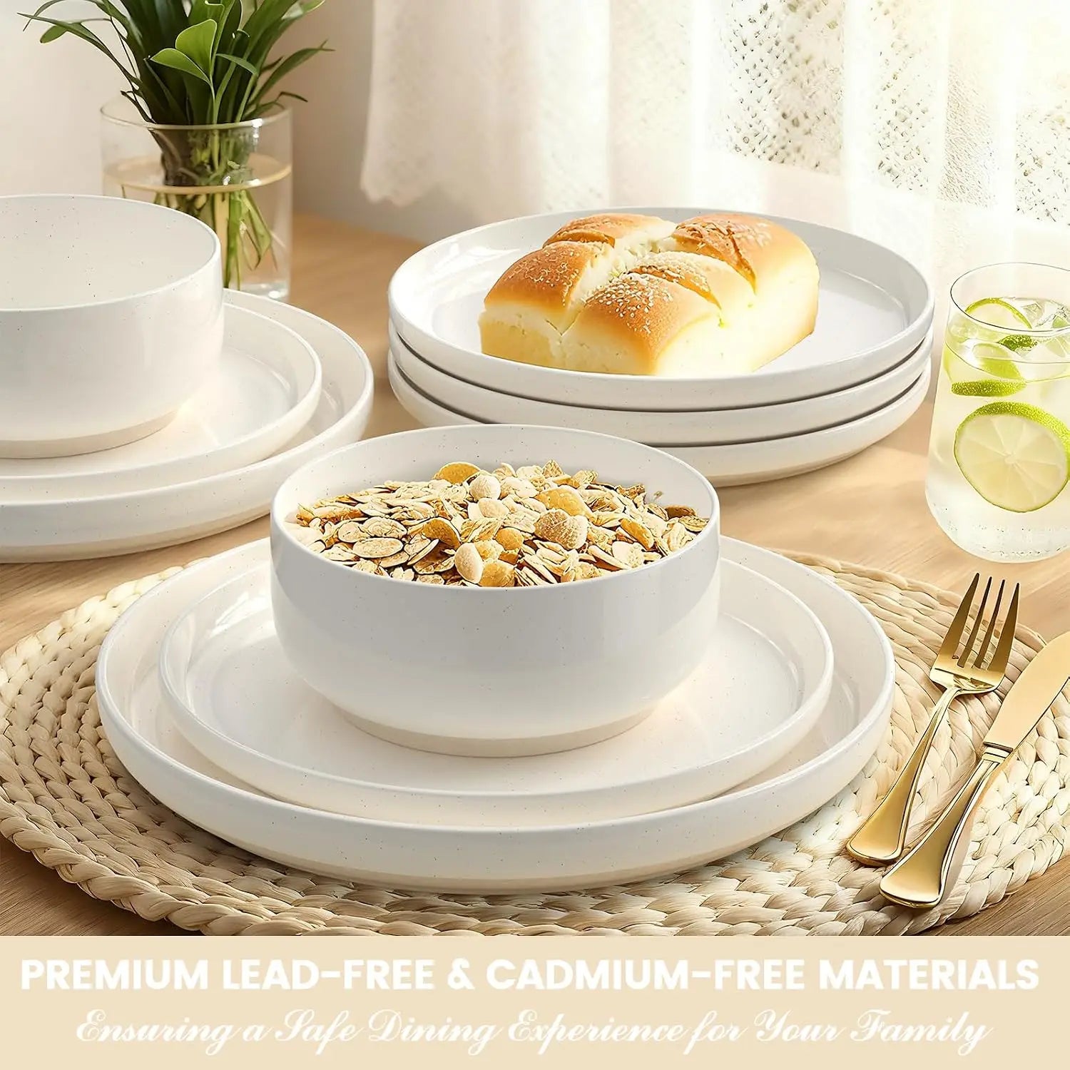 12-Piece Cream White Dinnerware Set for 4, Ceramic Plates & Bowls, Microwave & Dishwasher Safe