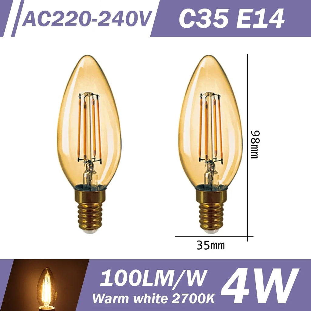 2PCS LED Filament Bulb E14 E27 C35 C35T ST64 G80 A60 220V 4W 9W Warm White Glass 360 Degree Edison Retro Candle Light Blubs