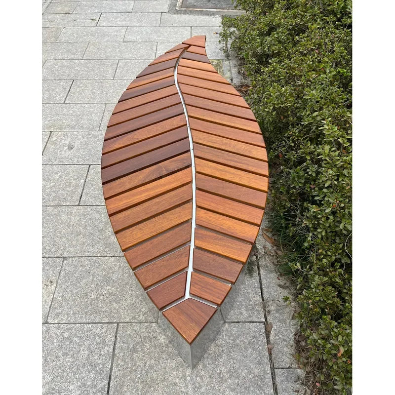 Thermal Designer Wooden Bench with Stainless Steel Frame Dual-Purpose Indoor Outdoor Seating Leaf-Shaped Wooden Slat Seat