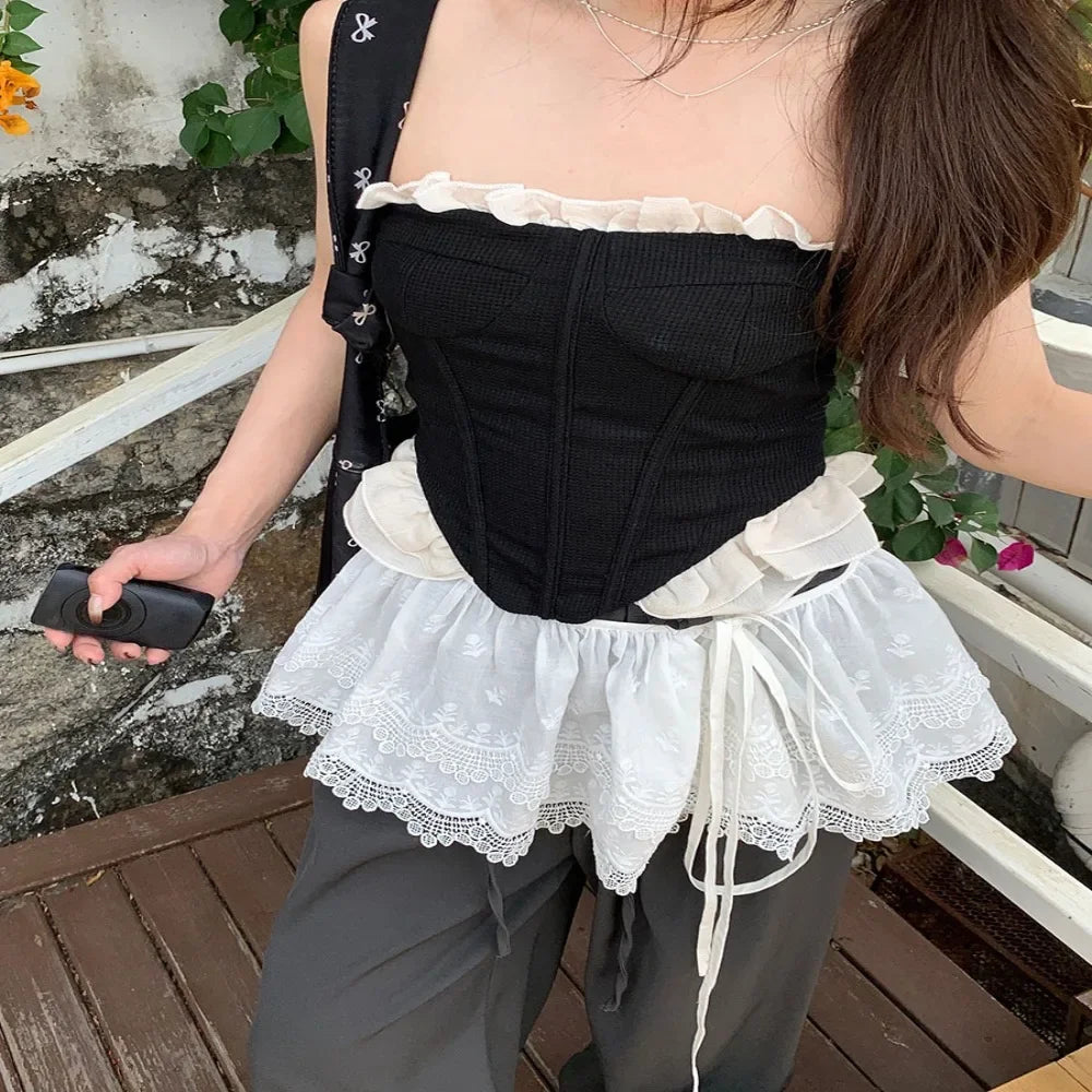 Polyester Embroidered Flower Lace Mini Skirt See Through Y2K Streetwear Ruched Skirts Harajuku Butt Curtain Jeans Decoration