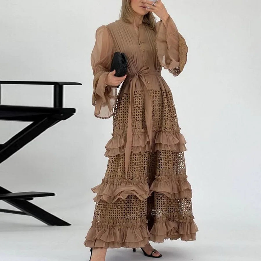 Elegant Hollow Out Lace Dress V-neck Vintage Flare Long Sleeves Chic Bandage A-line Long Dresses French High Street Clothing