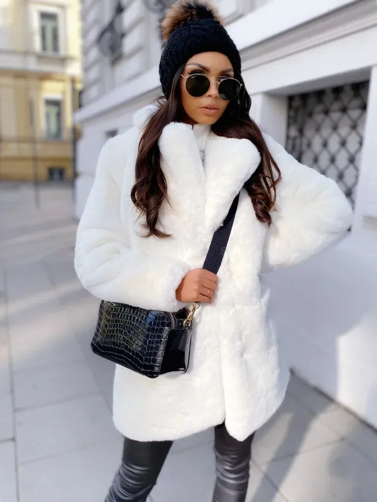 Women Spring Long Faux Fur Coat Jacket Autumn Winter Thick Warm Coats Woven Block Trend Fur White Black Coat Parkas Streetwear