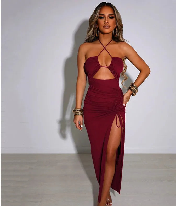 Women's Elegant Party Summer Sleeveless Halter Neck High Waist Pencil Dress Long Backless Cross Strap with High Slit Bodycon