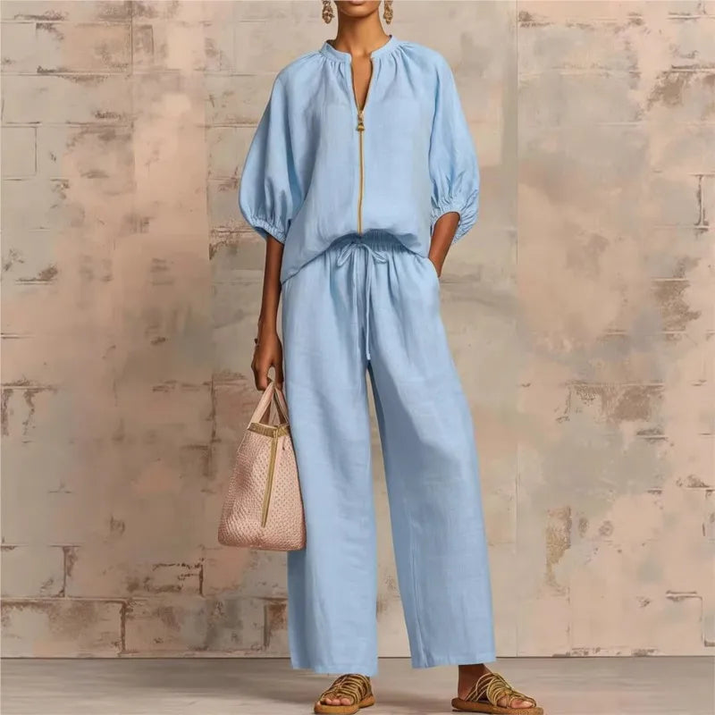 Women Solid 2 Piece Set Chic Laple Zipper Puff Sleeve Top + Wide Leg Pants Outfit Casual Matching Set for Vacation Daily Wear