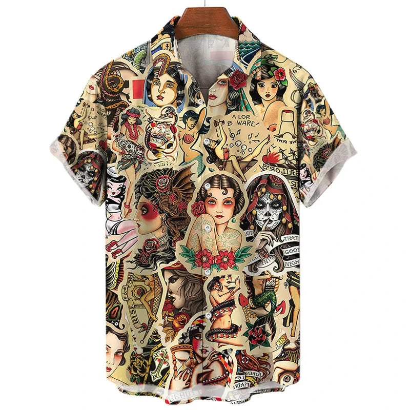 3D retro digital printed men's lapel short sleeved shirt