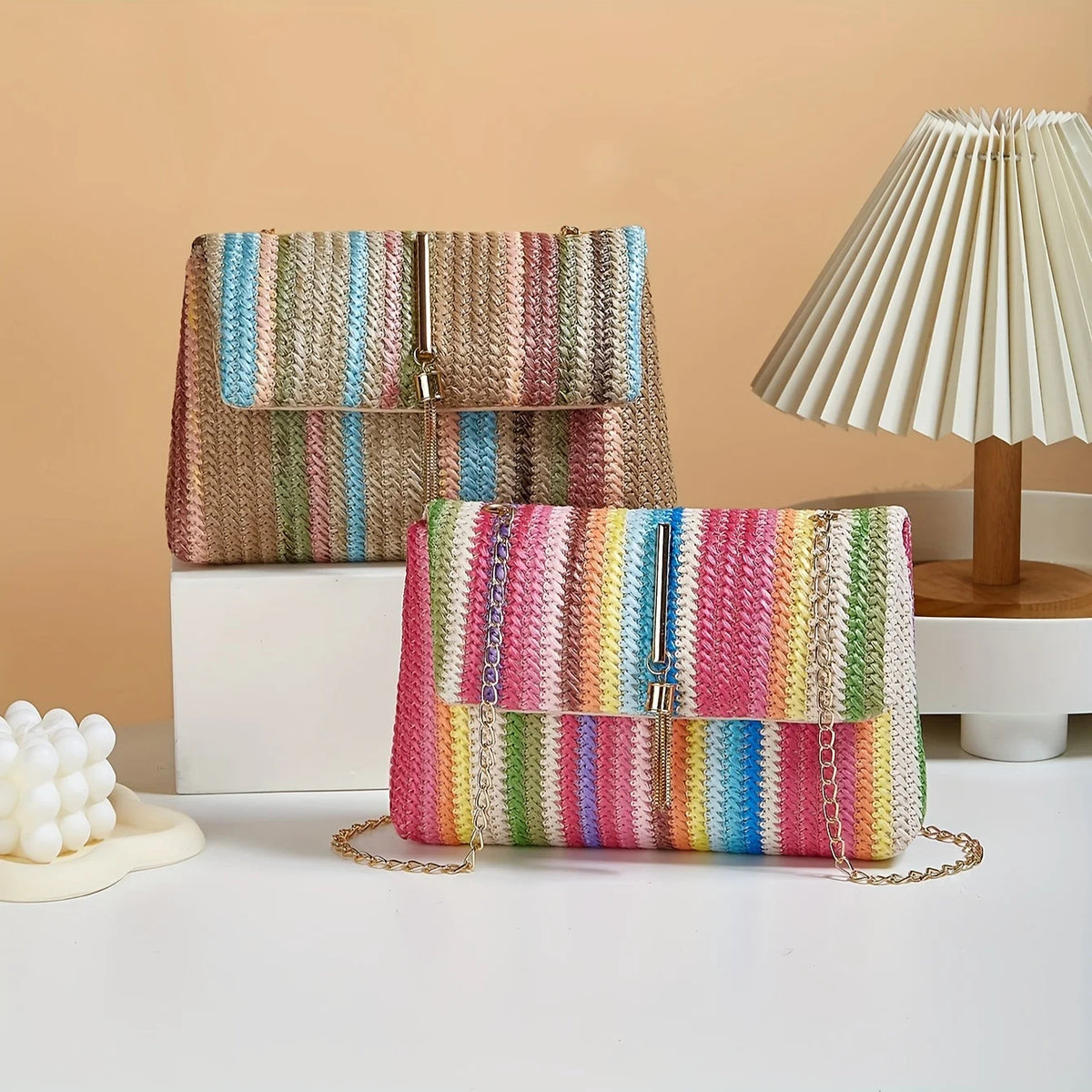 Chic Rainbow Stripe Straw Crossbody Bag for Women Adjustable Shoulder Strap Magnetic Closure Tassel Accent, Fashion Square Purse
