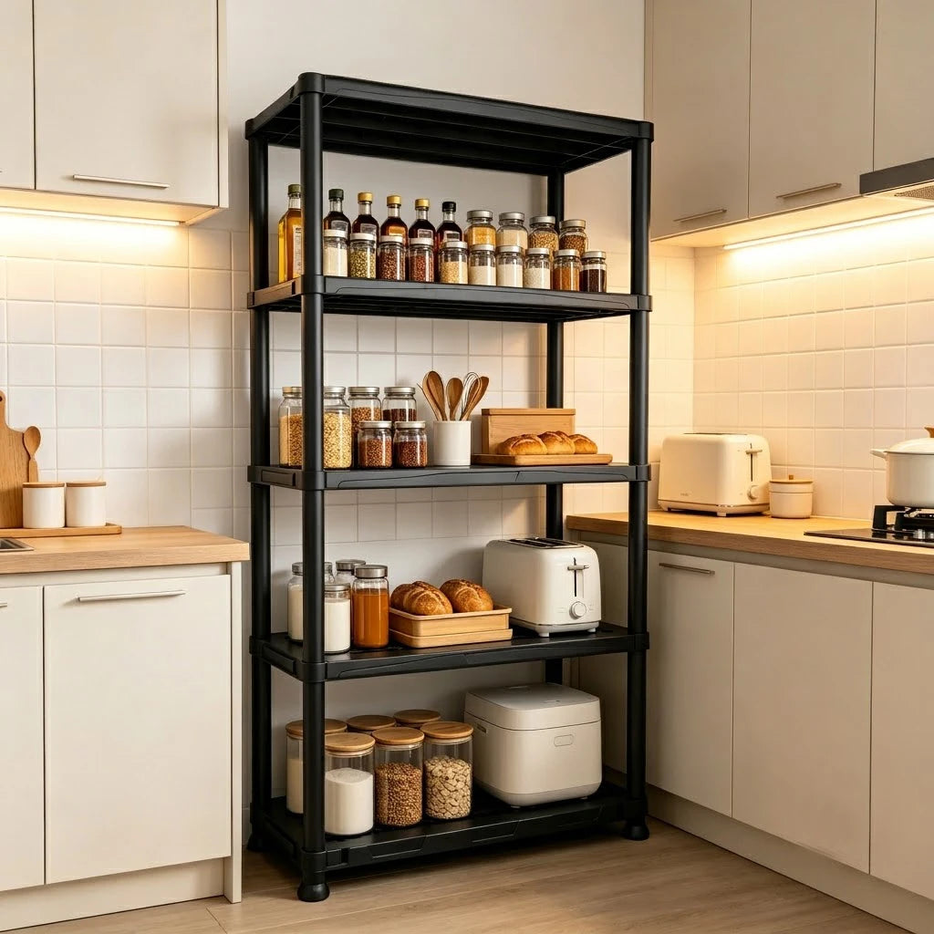 4 & 5 Tier Plastic Storage Shelving Unit, Heavy Duty Black PP Utility Rack, 3 Sizes Available Waterproof Organizer for Garage Kitchen Basement Laundry Pantry