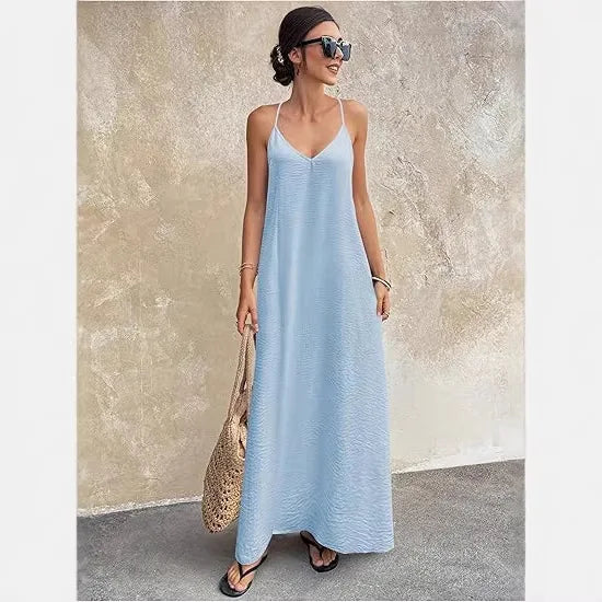 Women's New Solid Color Spaghetti Strap Deep Backless Loose Flowy Maxi Dress Elegant Comfort Casual Trendy Versatile Daily Dress