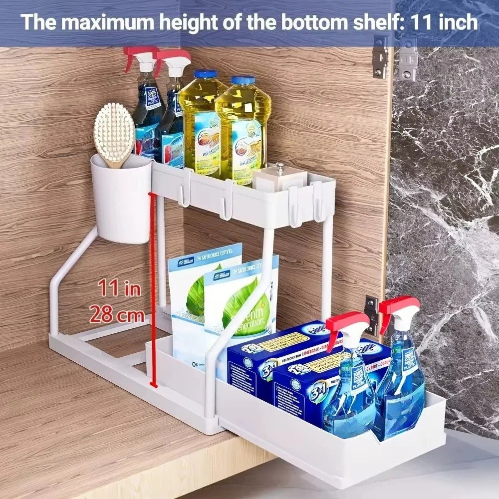 2 Tier Slide Out Under Sink Organizer with Hooks Large Capacity Space Saving Storage Rack for Kitchen Bathroom Cabinet Durable