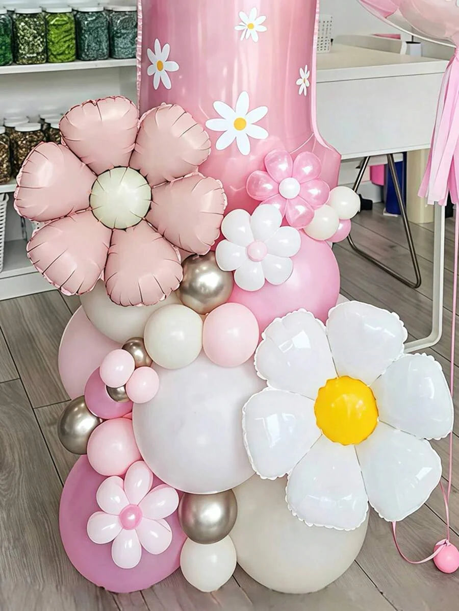 42pcs Daisy Pillar Balloon Set, Includes Oversized Pink Number Balloons, Sunflower Foil Balloons,For Birthday,Girls' Party