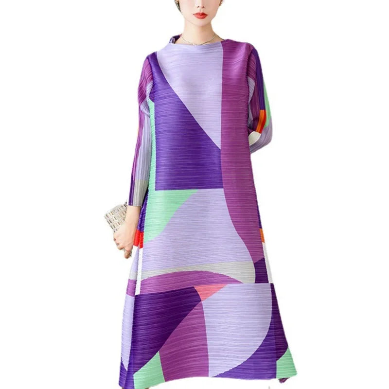 YUDX Miyake Pleated Print Dress For Women Medium Long Stand Collar Niche Design Loose Pullover A Line Female Spring New 2024