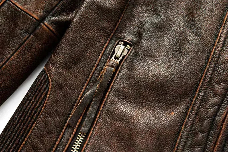 2023 New Motorcycle Causal Vintage Leather Coat Men Autumn Outfit Fashion Biker Pocket Design Top Layer Cow Leather Jacket