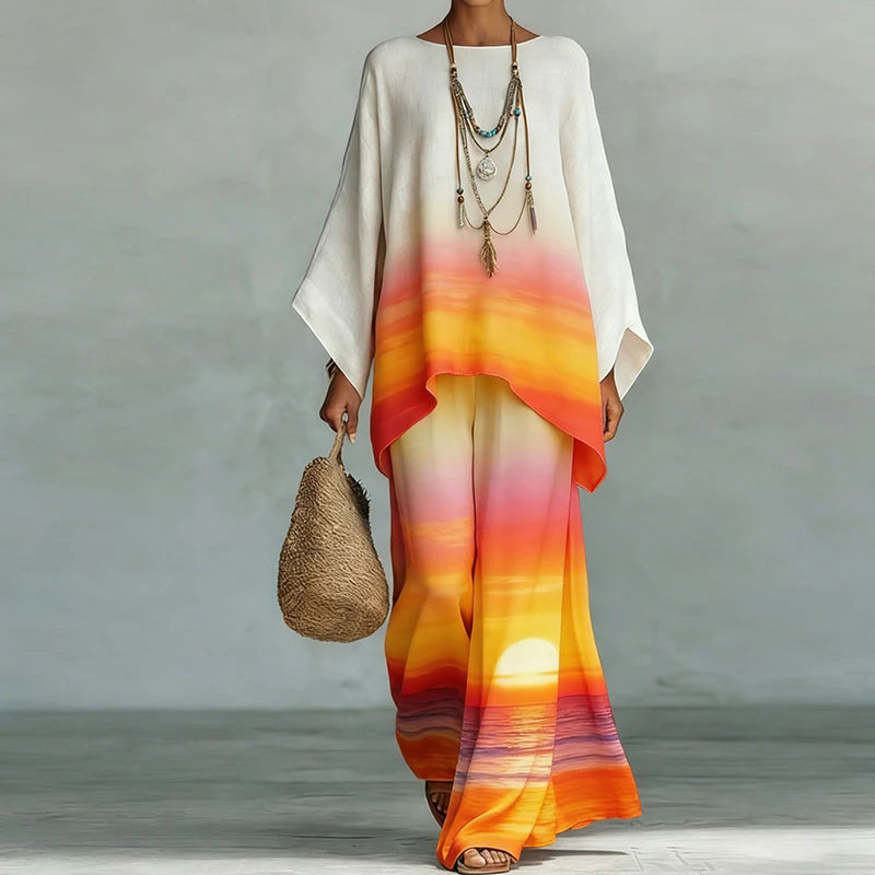 Women Casual Long Loose Top Two Pieces Sets, Summer Holiday Wide Leg Pants Fashion 2PC Outfit, Retro Printing Chic Ladies Suits