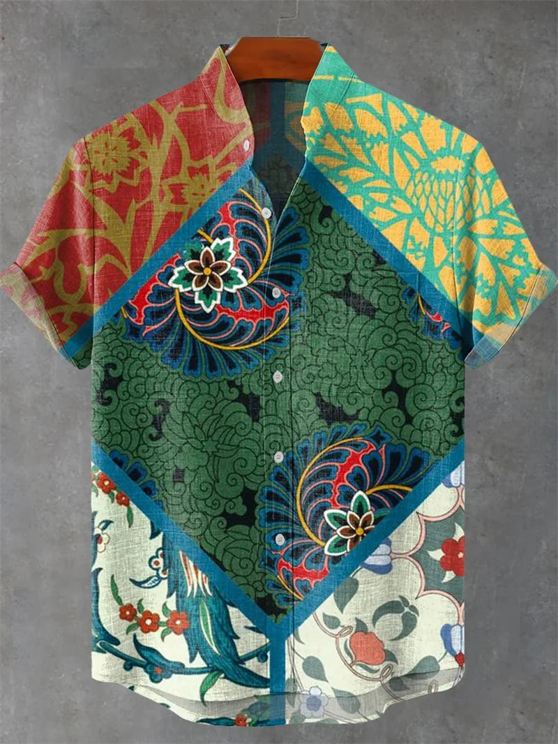 Men's Linen Shirt Vintage Short Sleeve Fashion World Tree Top Summer Casual Ethnic Costume Shirt Men's Street Shirt