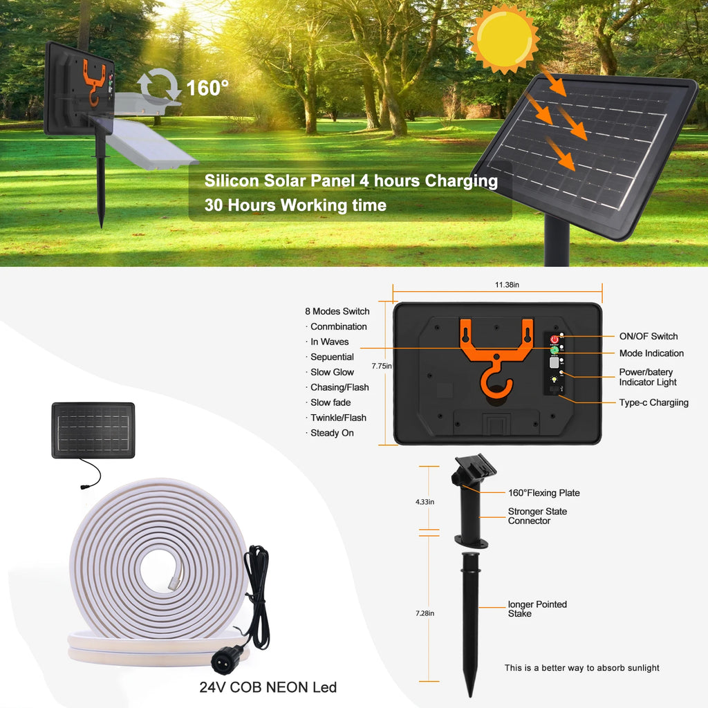 24V COB LED Solar Strip Outdoor Waterproof Neon Light 320LEDs/m Flexible Rope Light Warm Natural White Courtyard Home Lighting