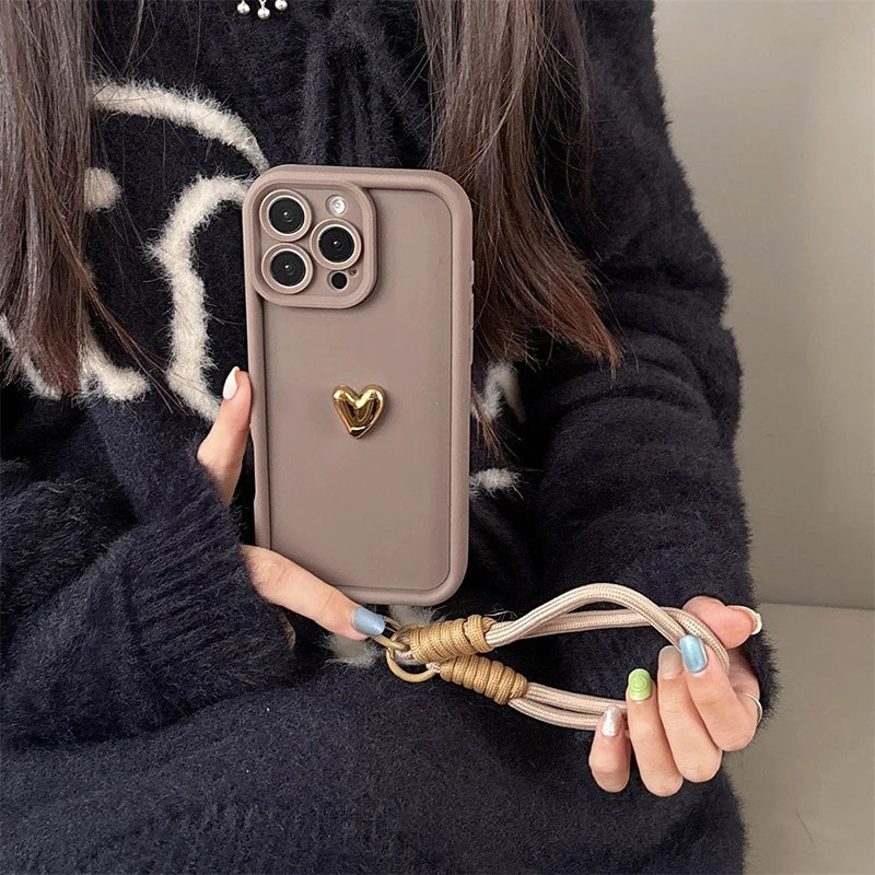 Cute Korean 3D Golden Love Heart Soft Case For iPhone 16 17 18 Pro Max 15 14 13 12 11 Pro 7 8 Plus Wrist Chain Hang Strap Cover